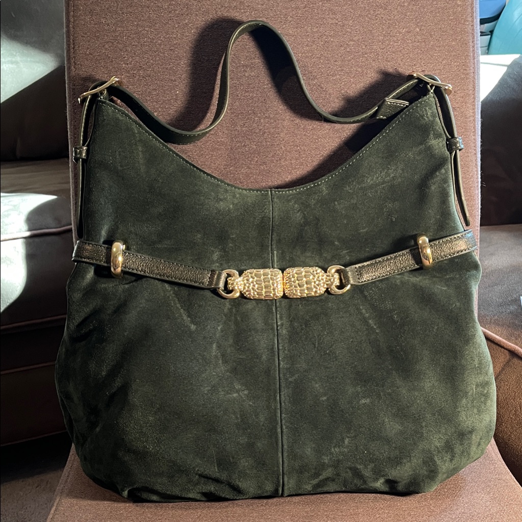 Talbots Dark Green Suede Hobo Bag With Gold Accents
